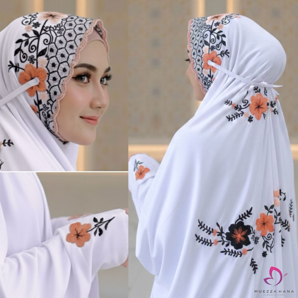Mukena Terusan Santri Putih Sutra Dewasa Premium Aestetik | Telekung Lajuran Bordir Bunga Coquette |