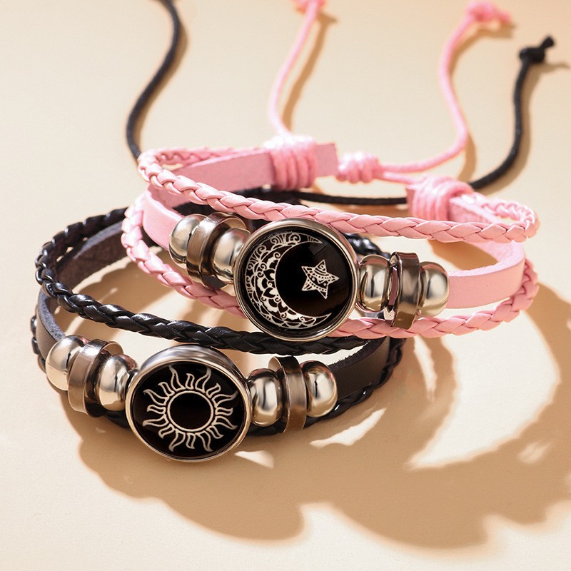 Gelang Couple Kekasih Matahari dan Bulan Gelang Pasangan Minimalis Titanium Hitam Dan pink One Set S