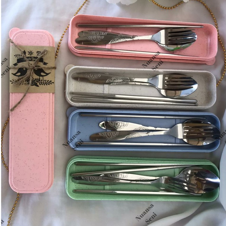 Souvenir Pernikahan Sendok Set Sendok Garpu Sumpit Stainless Box Jerami Sendok Travel Kit