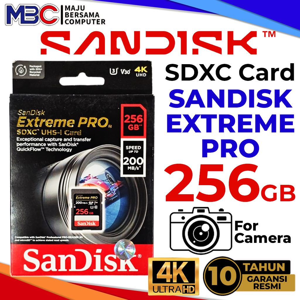 SDXC Card Sandisk Extreme PRO 256GB Garansi Resmi - SD Card 32gb 64gb 128gb 256gb 512gb Kamera DSLR 