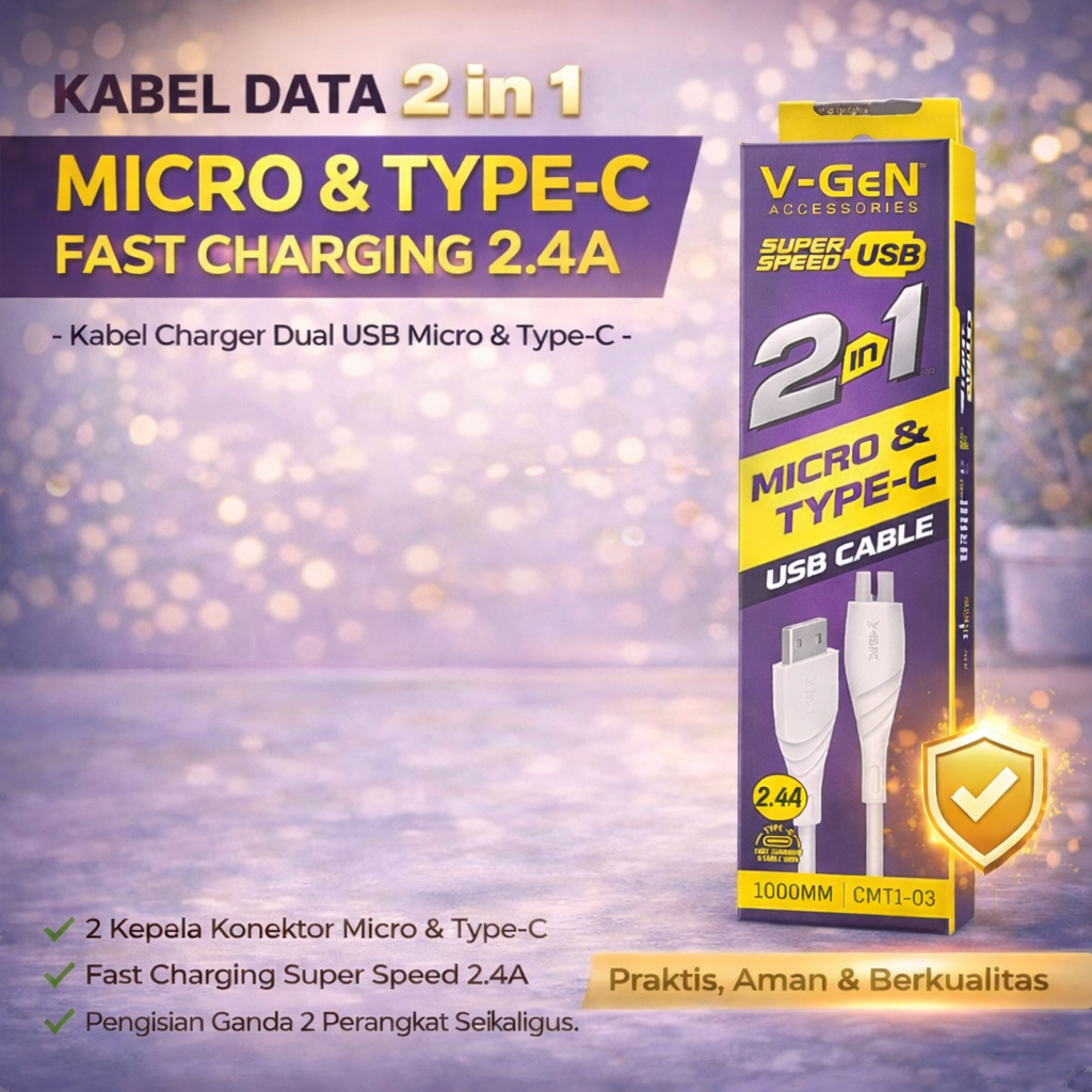 (Grosir/Ecer) Kabel Data V-GEN 2 in 1 Micro USB & Type C 1 Meter Fast Charging 2.4A - CMT1-03