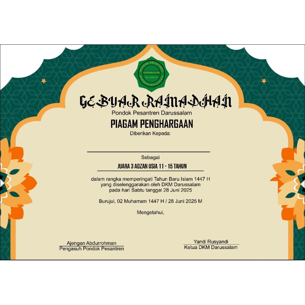 Free desain//custom sertifikat/piagam penghargaan/kejuaraan/lomba/ramadhan dll