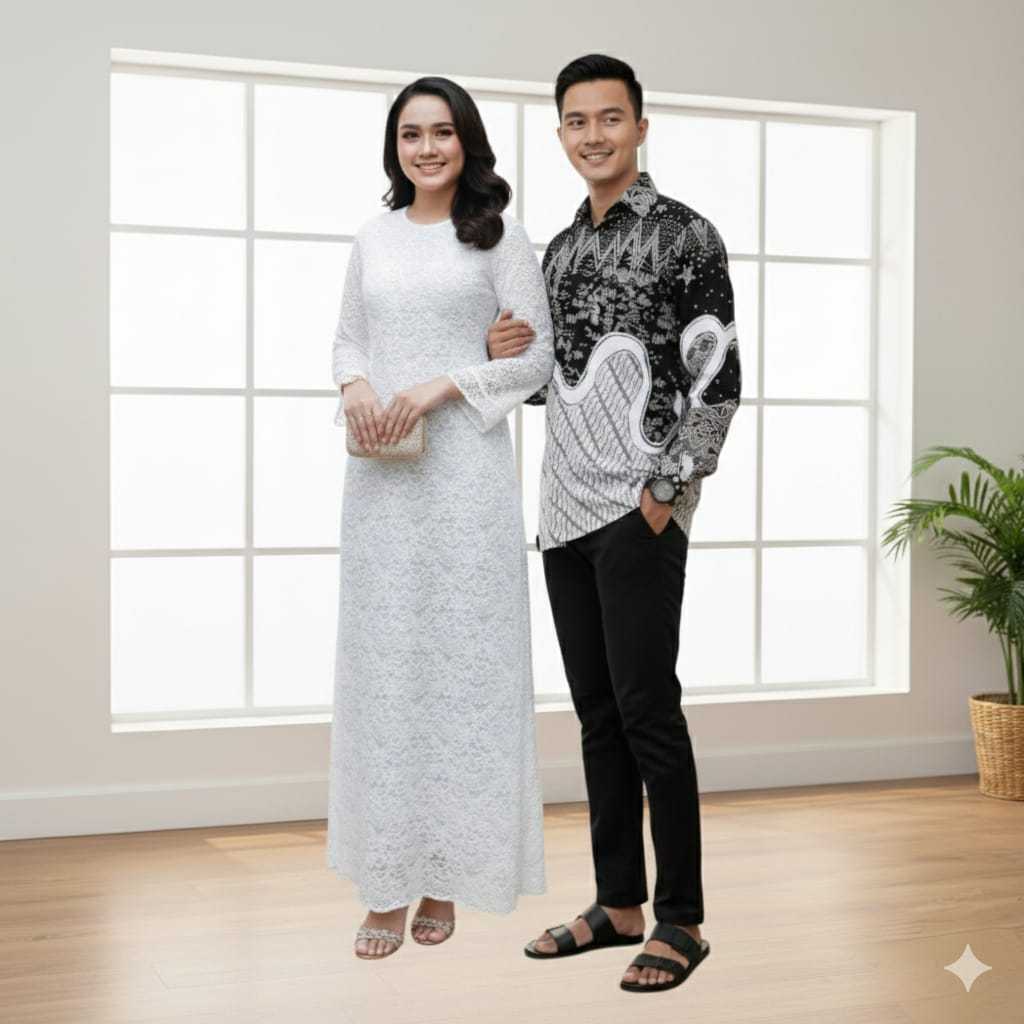 Outfit Couple Tunangan & Lamaran - Dress Brokat Putih Full Furing & Batik Slimfit | Tampil Serasi & 