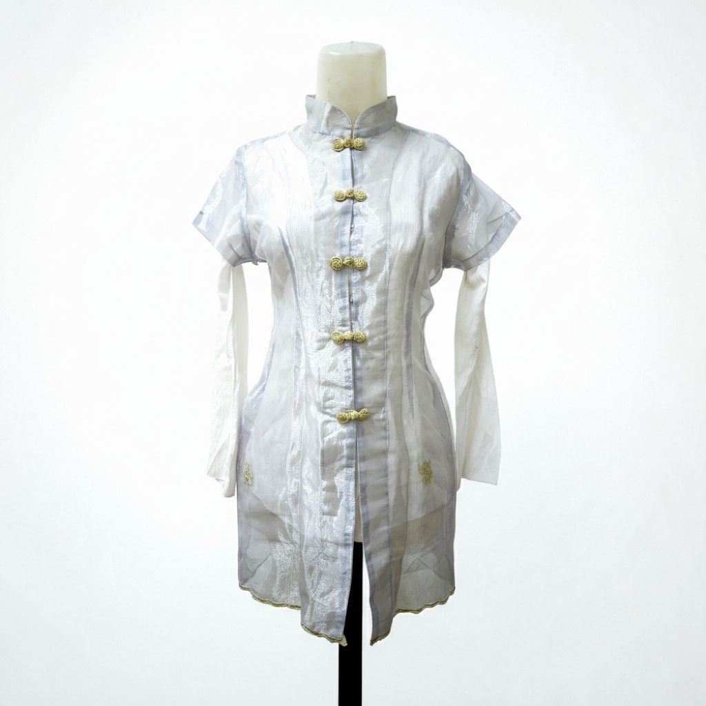Atasan Cheongsam Wanita Organza Silver Detail Bordir Bunga Gold Mewah | Tidak Termasuk Dalaman