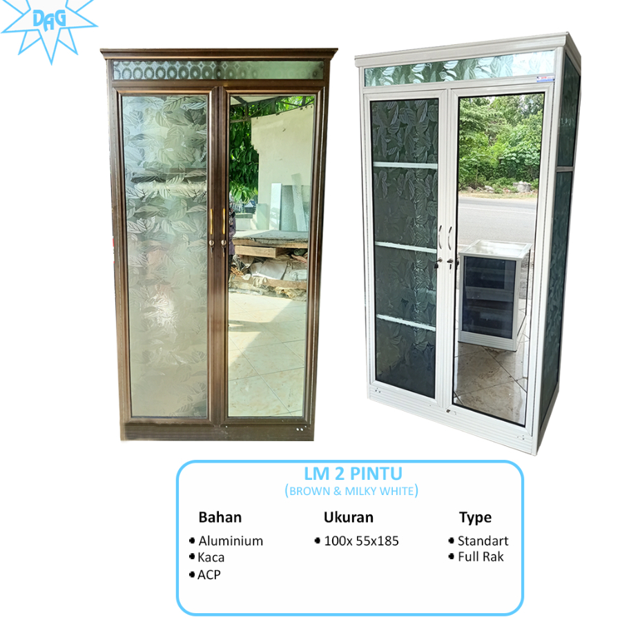 Lemari Baju Aluminium 2 pintu full kaca include roda