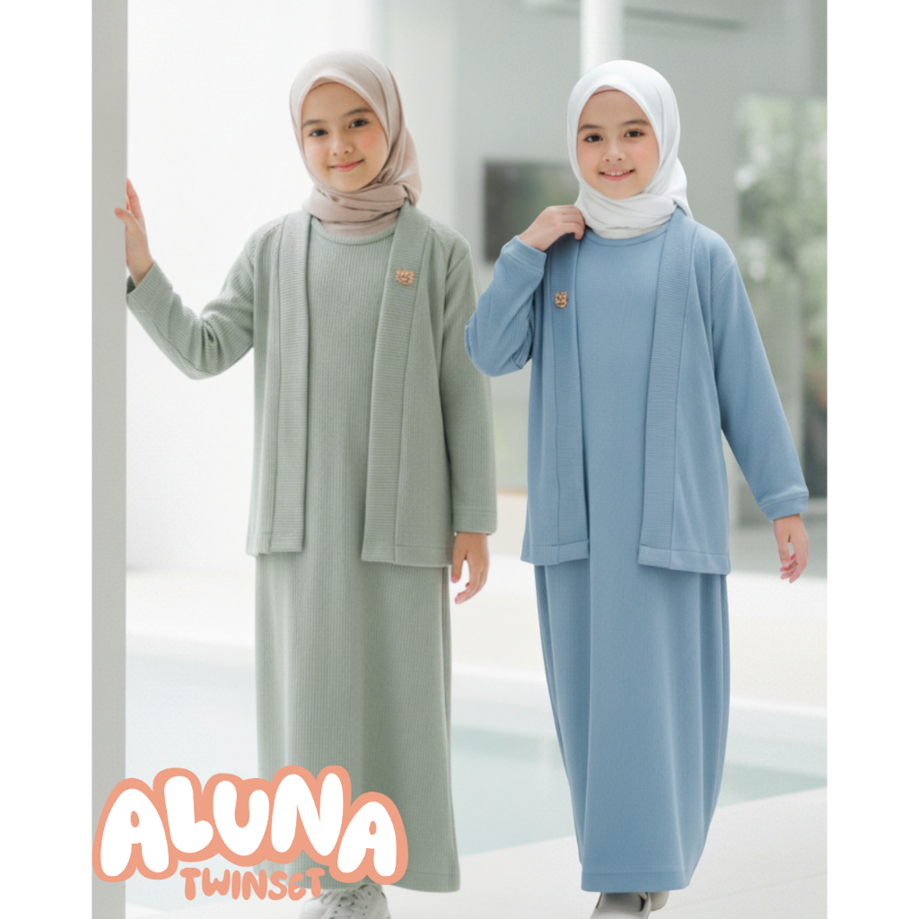 Aluna One Set Setelan Gamis Inner Mix Cardigan Twinset Polos Anak Perempuan Set Muslim Premium Knit 
