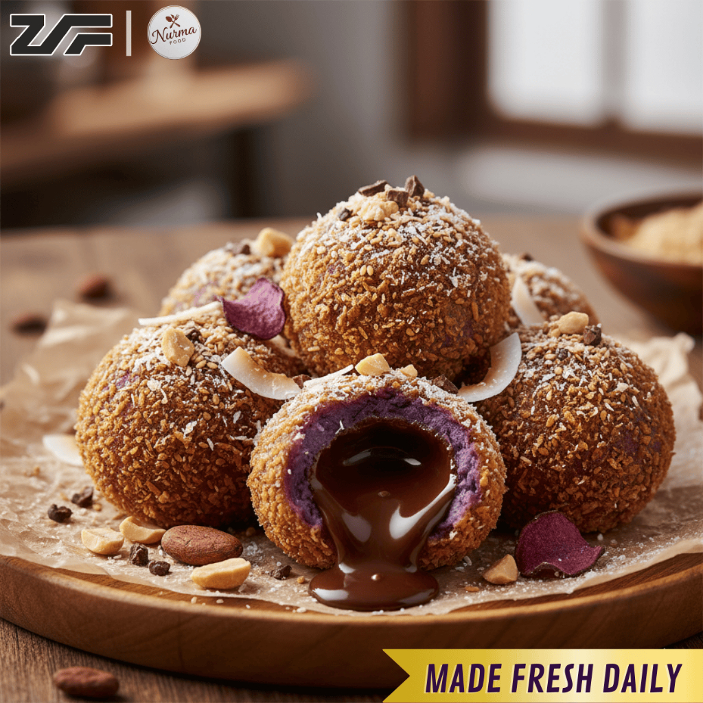 Bola Ubi Ungu Lumer Coklat, Mozzarella, Keju Crispy Cemilan Sehat Frozen