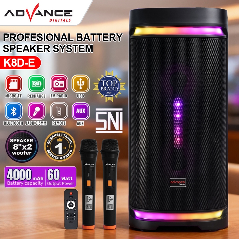 Speaker Aktif Advance K8D-E 60W 4000mAh 2 Mic Wireless Karaoke Bluetooth LED Light SNI Garansi 1 Tah