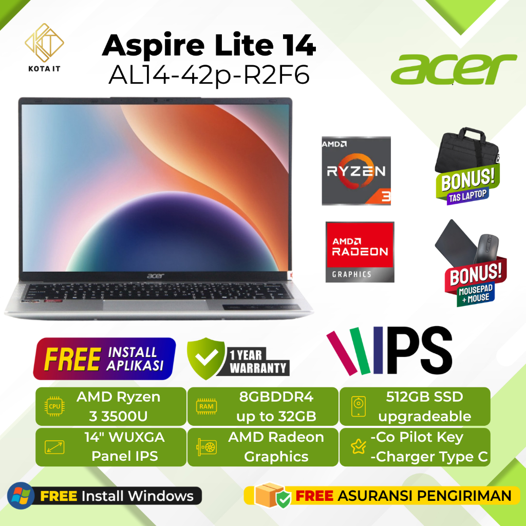 LAPTOP Acer Aspire Lite 14 AL14-42p- R2F6 with Ryzen 3 5000 | RAM 8GB | SSD 512GB | Co Pilot Key