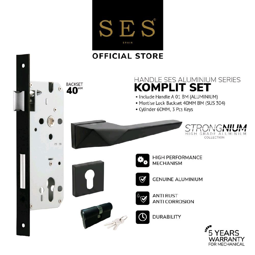 Gagang Pintu Set - Handle Pintu SES Aluminium A01 BM + Body Kunci SES ECO E2030 - 40mm BM