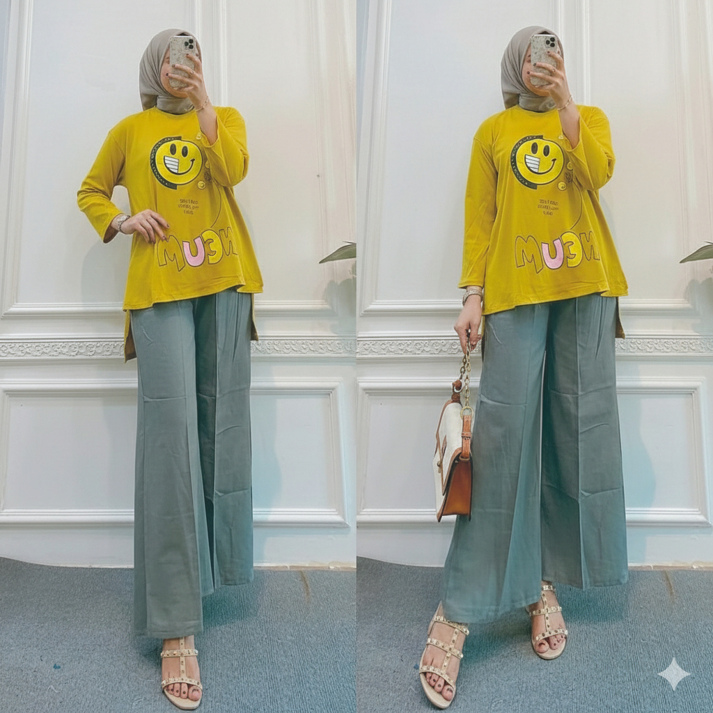 Dayana Set I Setelan Wanita Casual Muslimah – Tunik Lengan Panjang Motif Smile & Celana Kulot Polos 