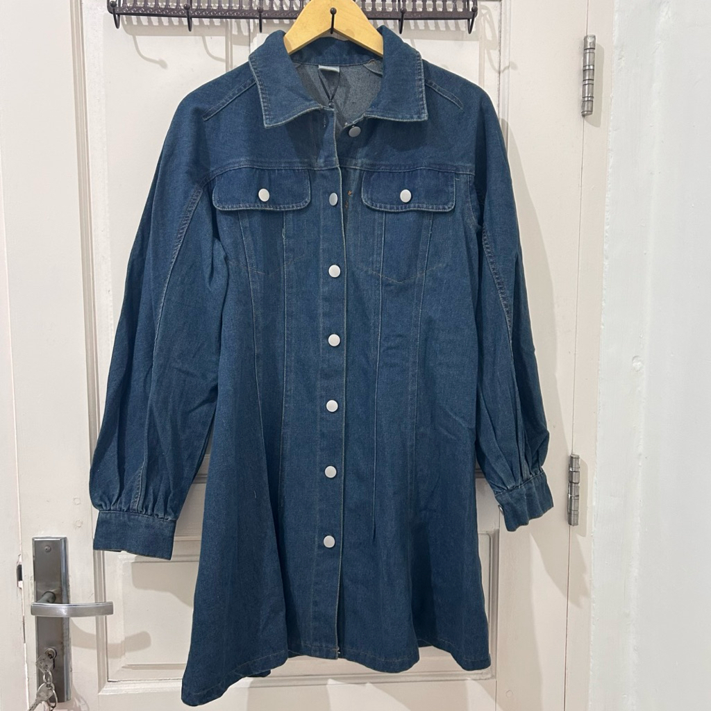This Is April Dress Denim Atasan Tunik Denim Wanita Lengan Panjang Mini Dress Wanita Hijab Friendly