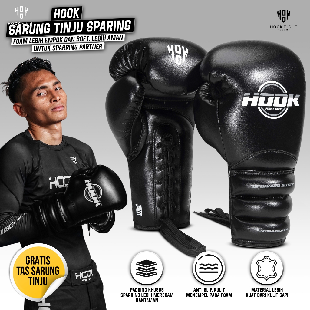 Sarung Tinju Tali Sparring Hook Glove Boxing Muay Thai Kickboxing Dewasa 8-16oz