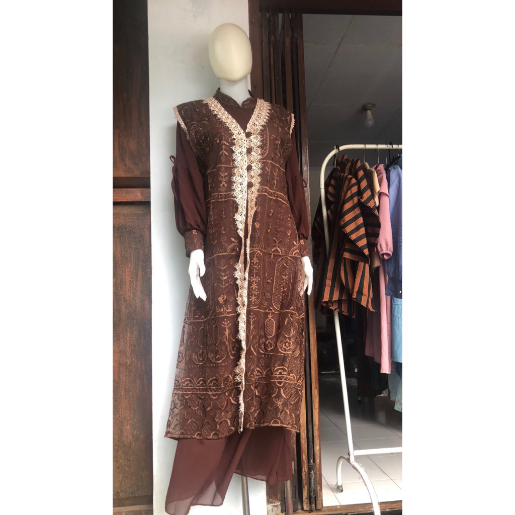 Gamis Brokat Tile Set Rompi / Gamis Brukat Set Outer / Gamis Syakila Premium Kombinasi Brukat / Dres