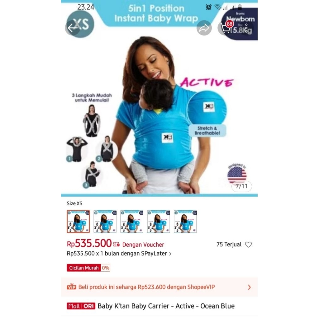 Gendongan Baby K'tan Active size XS Ocean Blue New Tag No box