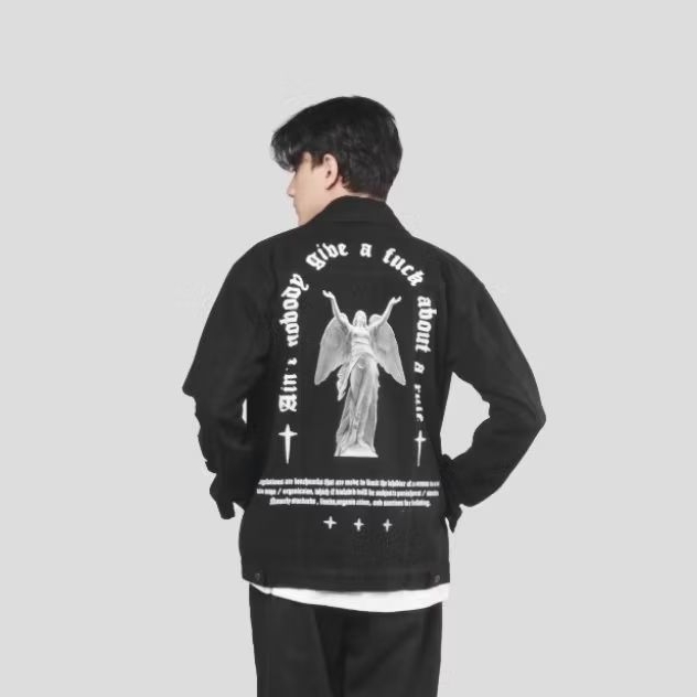 SMH Jaket Jeans Hitam - Jaket Denim Costum Gambar Tulisan Angel