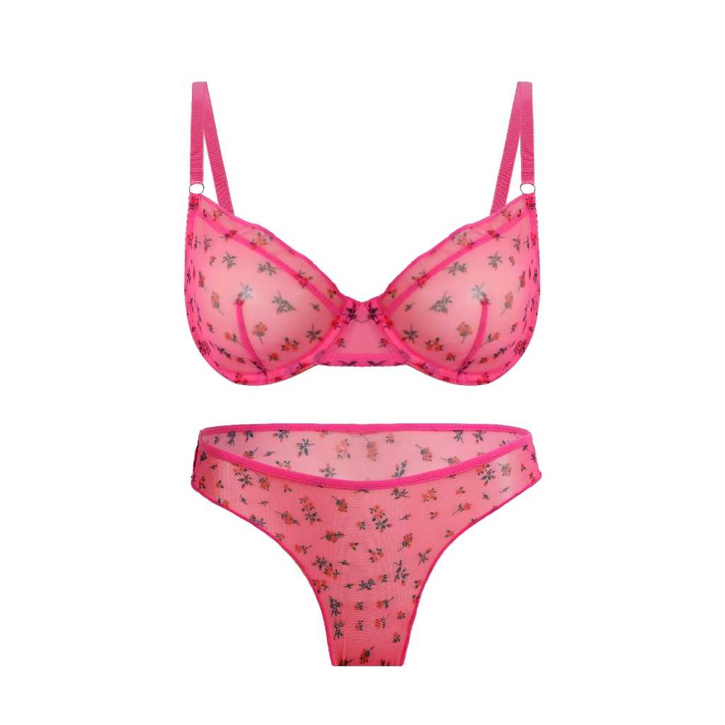BEVERLY JEAN - Azalea Bra Set Setelan BH PUSH UP Kawat + CD Thong Vintage Sexy Panties Underwire Flo