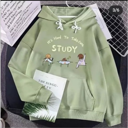 Hoodie STUDY Cute Korean Style Sweater Wanita Ovesize