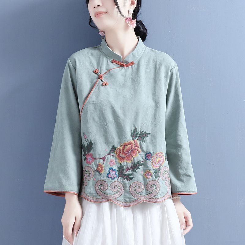 Chinese Style Cotton Linen Printed Blouses Tops