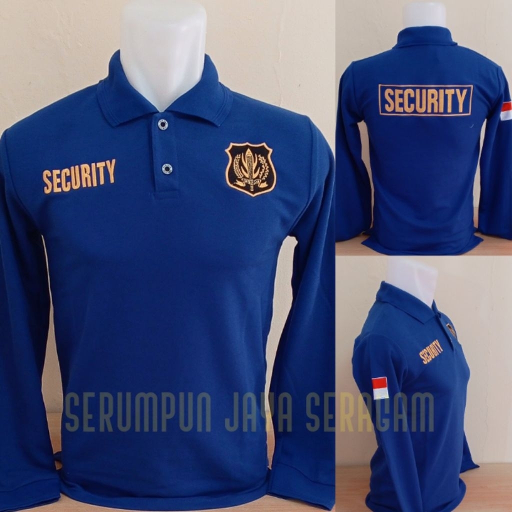 KAOS SECURITY BIRU LOGO KUNING LENGAN PANJANG FULL BORDIR - KAOS KERAH SECURITY BIRU PANJANG BORDIR 