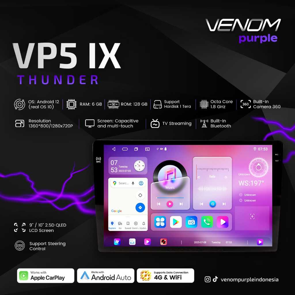 Head Unit Android 9" Venom Purple Thunder 6GB 128GB QLED 4G NFC Voice Command