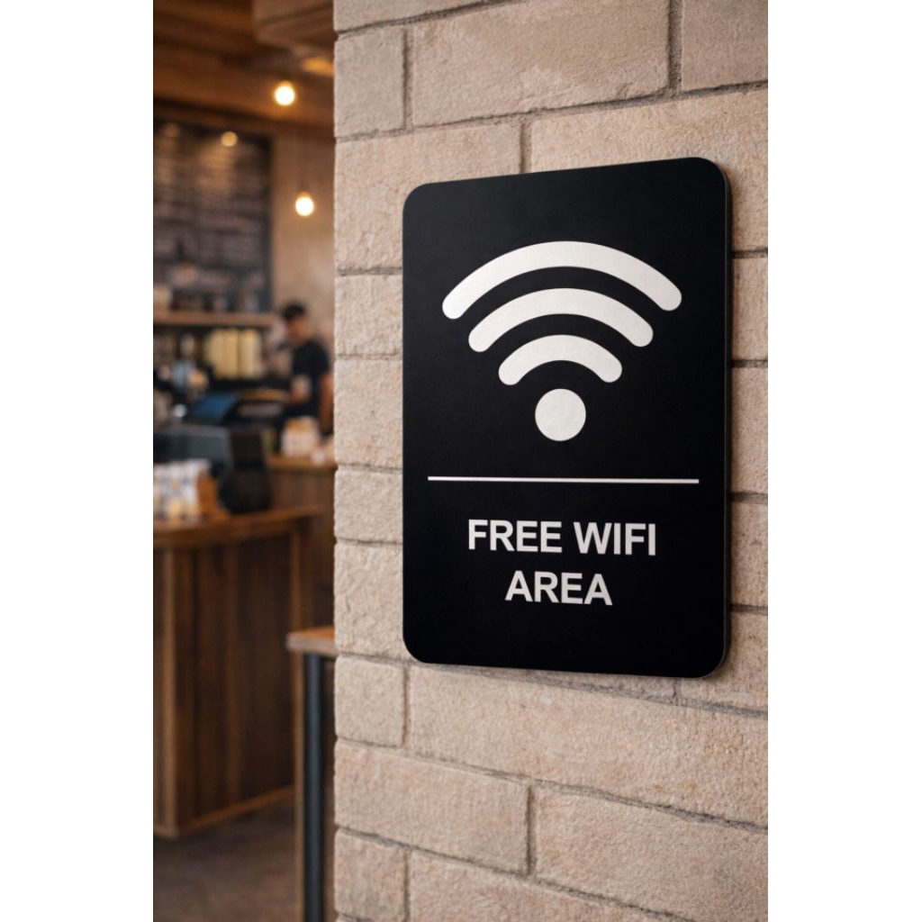 Free Wifi Sign Acrilic - Papan Tanda Dekorasi Dinding Cafe, Restaurant - Hitam Putih