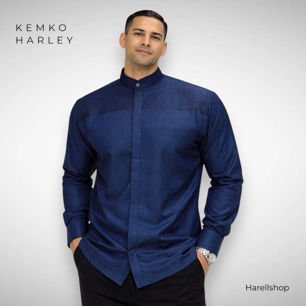 Kemko Harley Motif Corak Premium Warna Biru Navy | Kemeja Koko Pria Lengan Panjang Elegan