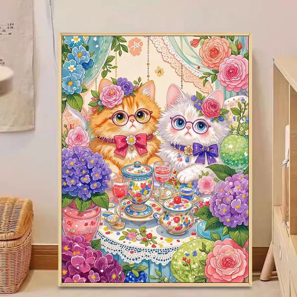 UnikTemu Paket Cross Stitch Kristik Cat Afternoon Tea 9ct Pola Kain