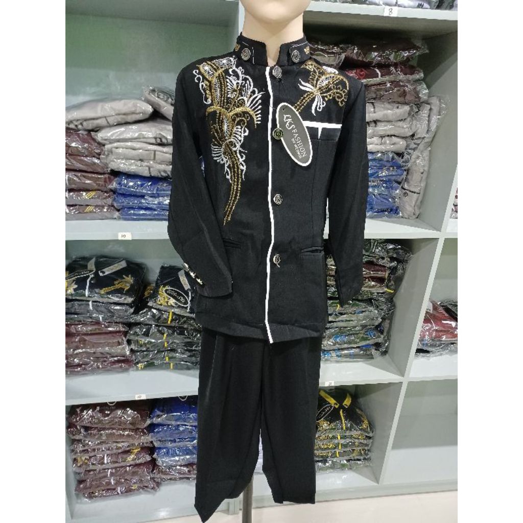 JASKO ANAK BORDIR SETELAN CELANA BAJU JAS KOKO ANAK LAKI MUSLIM HITAM LIS PUTIH