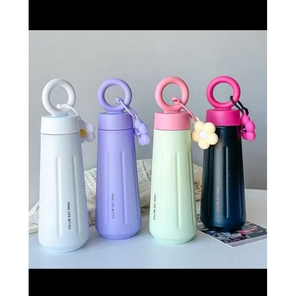 Thermos Botol Minum Estetik Minimalis — Tumbler Handel Bulat + Gantungan Bunga Aesthetic