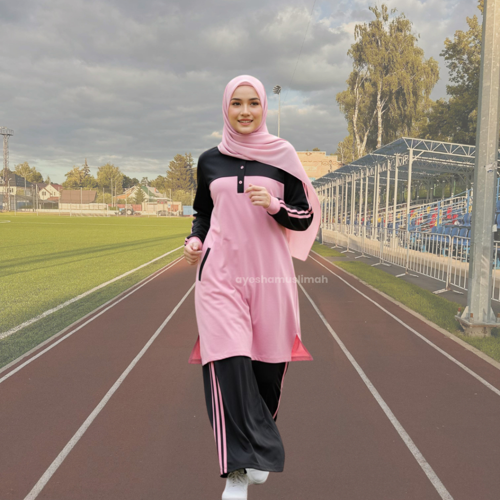 Set Training Wanita Muslimah Syari | Atasan Sport & Rok Celana SBO07 – Pink