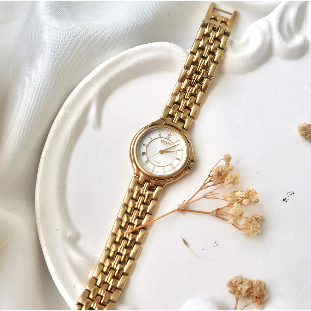 Jam Tangan Wanita Vintage Watch Citizen Exceed Euros White Grey Dial Gold Chain Original Autentik Pr