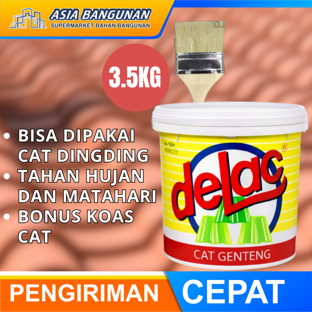 Delac Cat Genteng Mengkilap 3.5KG Tahan Cuaca Cat Dingding Warna Orange Exterior Lapangan/Trotoar