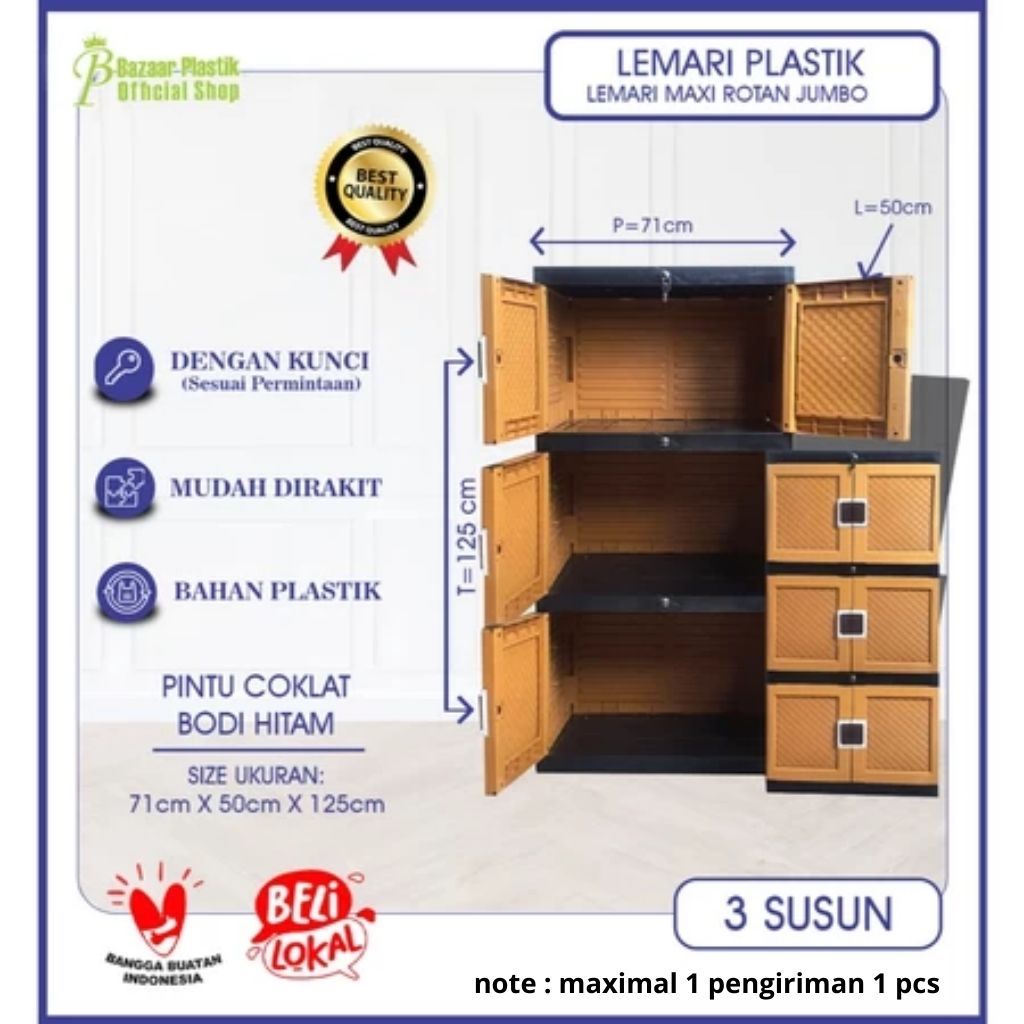 Lemari Plastik Jumbo 3 Tingkat / Lemari Pakaian Plastik 3 Susun / Lemari Plastik 3 Tingkat Plastik