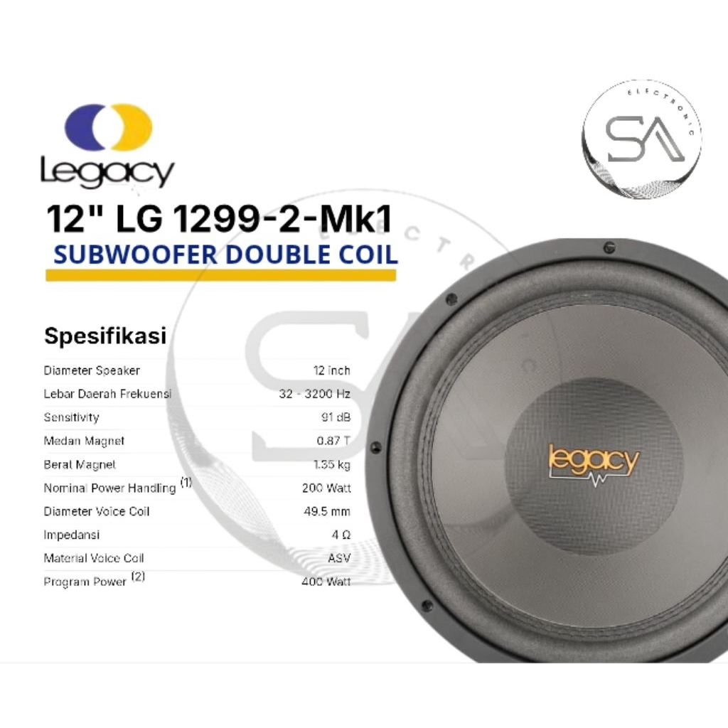 Speaker Subwoofer Legacy 1299-2 double coil 12inch
