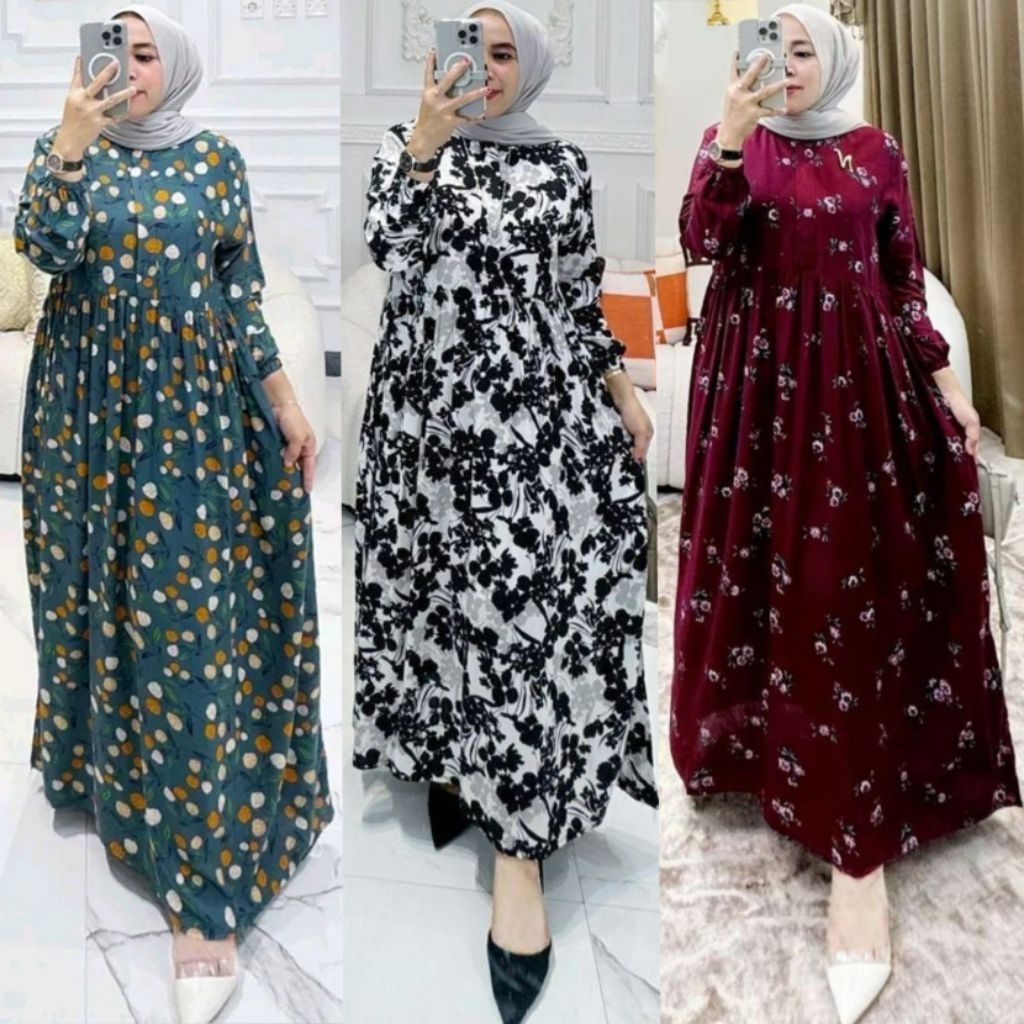 fellisa dress rayon diamond | midi dress rayon premium motif bunga busui kancing depan