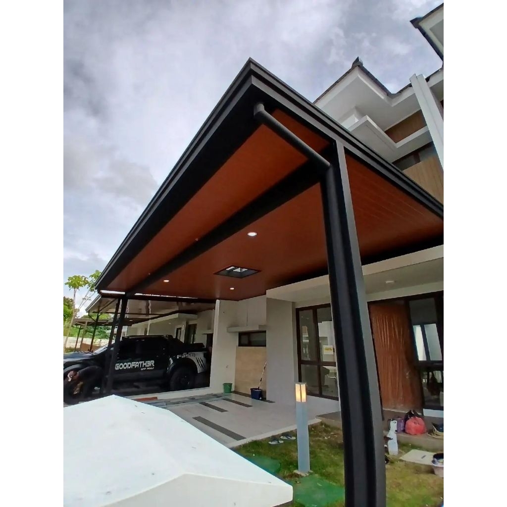 Kanopi Atap UPVC Double Layer Rangka Hollow Galvanis Tiang Besi WF Harga Per Meter