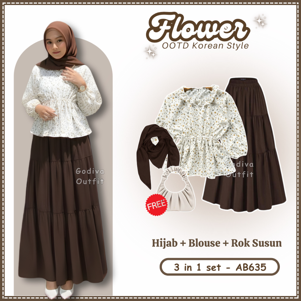 Godiva Outfit Raya Series 3 In OneSet Wanita Kekinian  ( Bella Square + Blouse Olla + Rok Susun ) Se