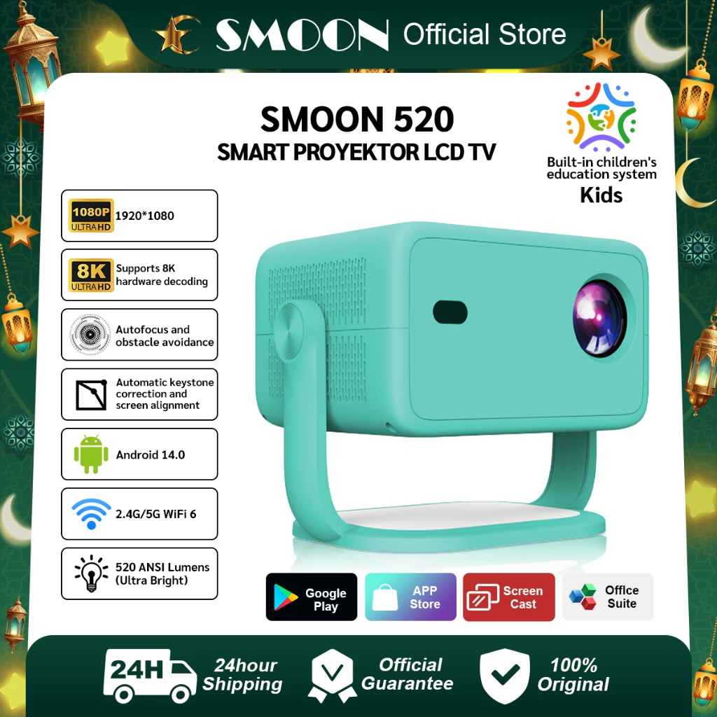SMOON 520 Smart Projector LCD TV - Proyektor Pintar - 520 ANSI Lumens - TV Android - Fokus Otomatis 