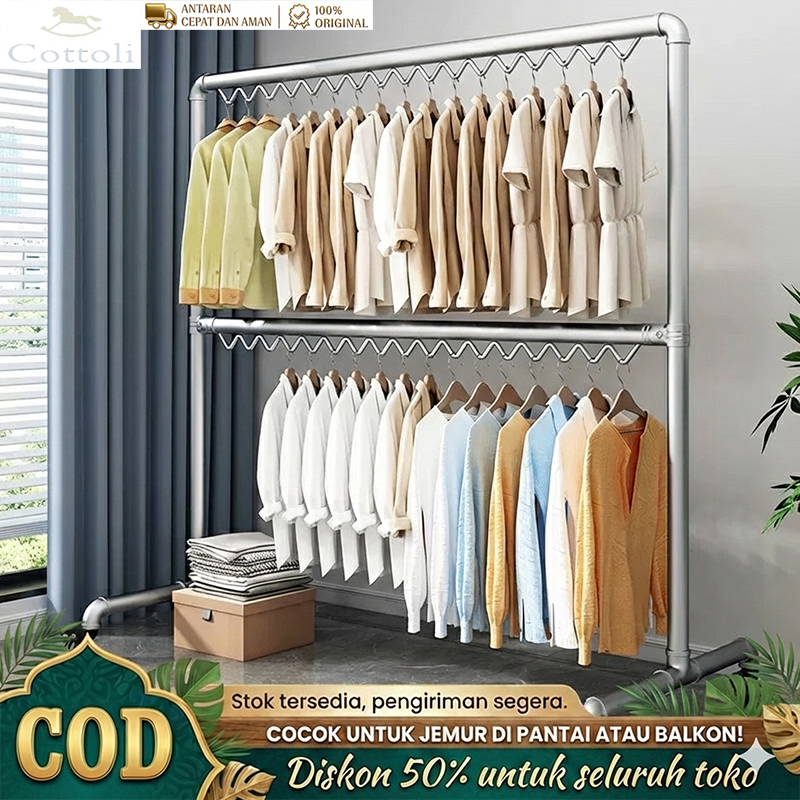 [COD] Cottoli 200X180cm Jemuran Baju Tabung Baja Stainless Rak Gantungan  2 susun Gantungan Baju Ber