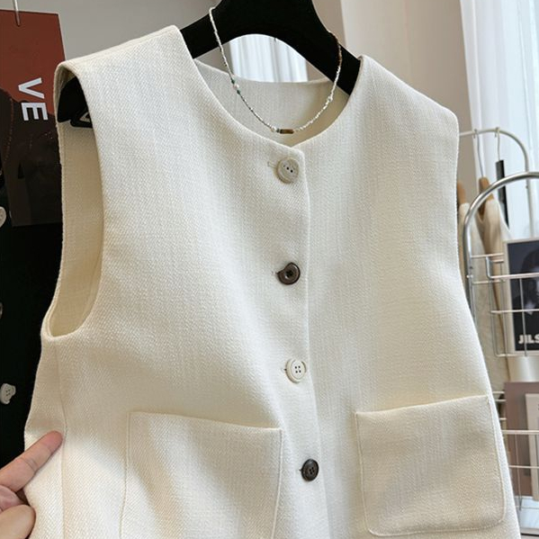 Jaket rompi blazer berleher bulat untuk wanita, rompi tanpa lengan bergaya Prancis.