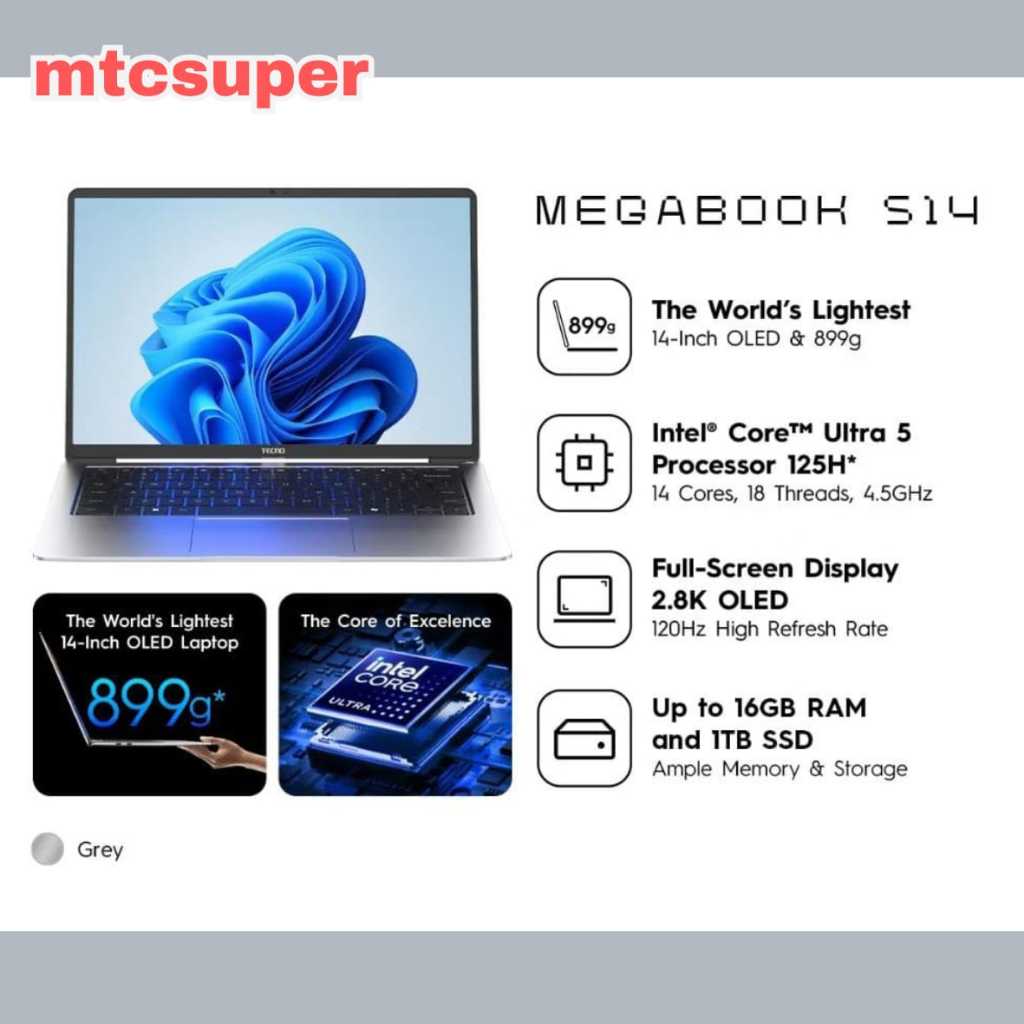 TECNO MEGABOOK S14 16GB/1TB GREY | GARANSI RESMI