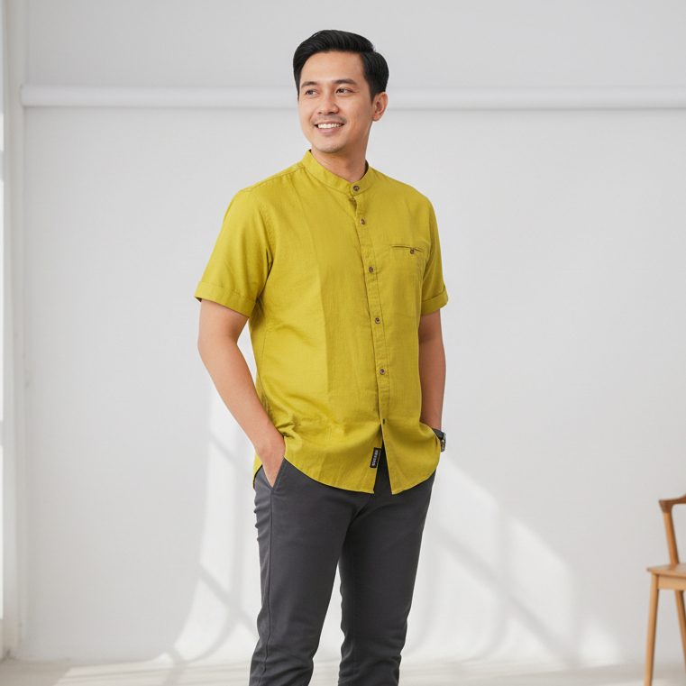Hanzain Kemeja Koko Kemko Pria Dewasa dan Anak Lengan Pendek Full Katun Hijau Lemon Lime