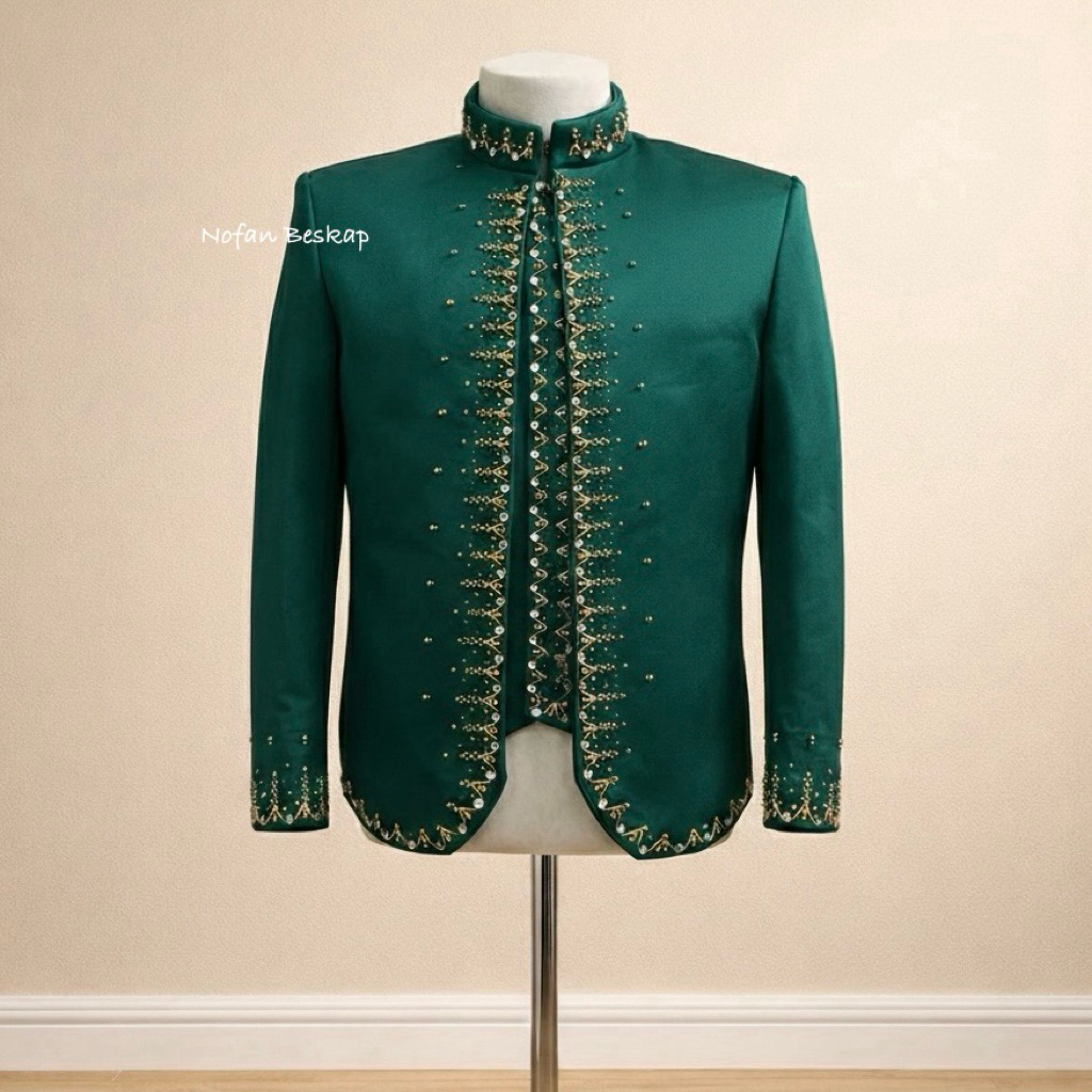 Beskap Pengantin Jawa Pria Payet Mutiara Warna Hijau Botol & Hitam | Beskap Nofan