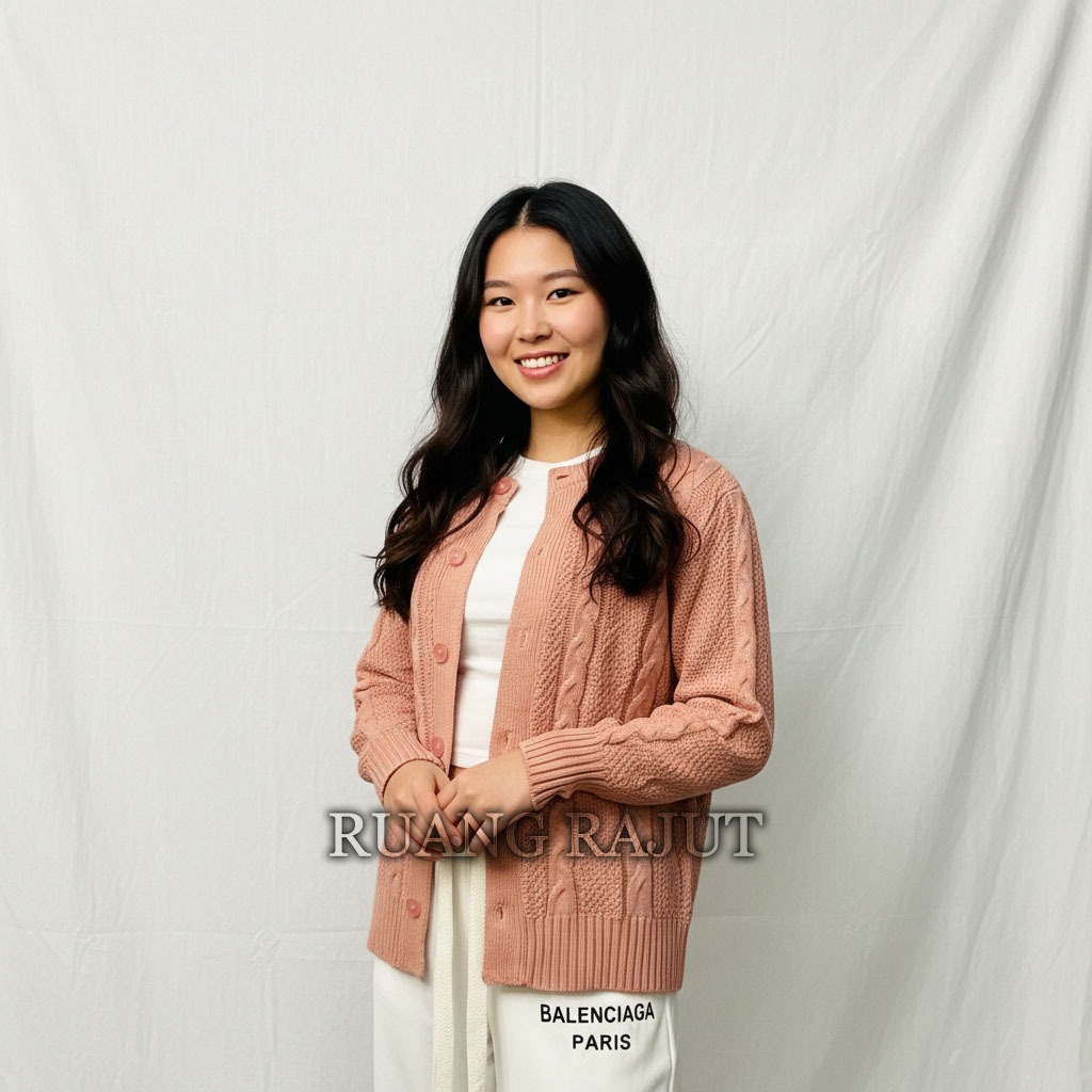 Cardigan Rajut Wanita Motif Cable Premium Alicia - Tekstur Kasar Tebal Ukuran Jumbo Besar Santai Rua
