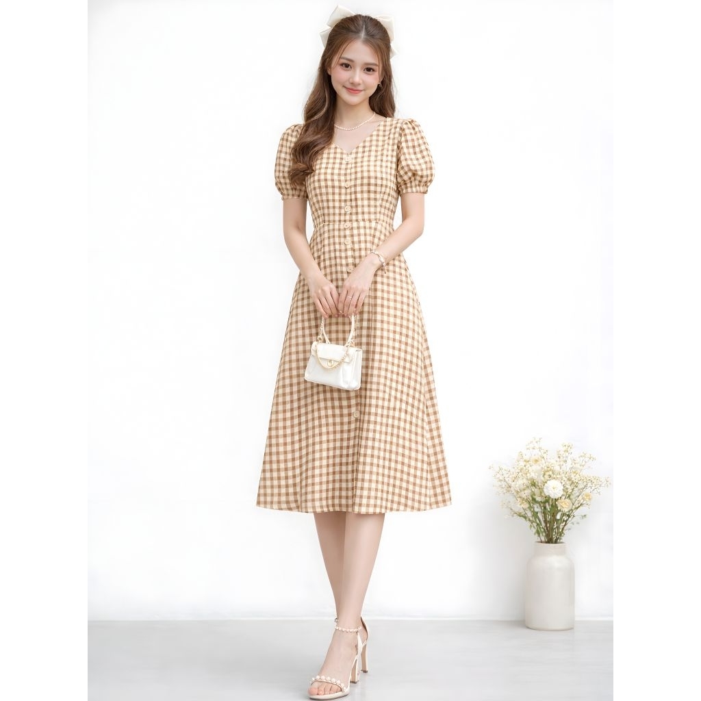 Dress Square Ronasi Dress Midi Wanita Motif Kotak | Baju Dress Korea Elegan Lengan Pendek Rx