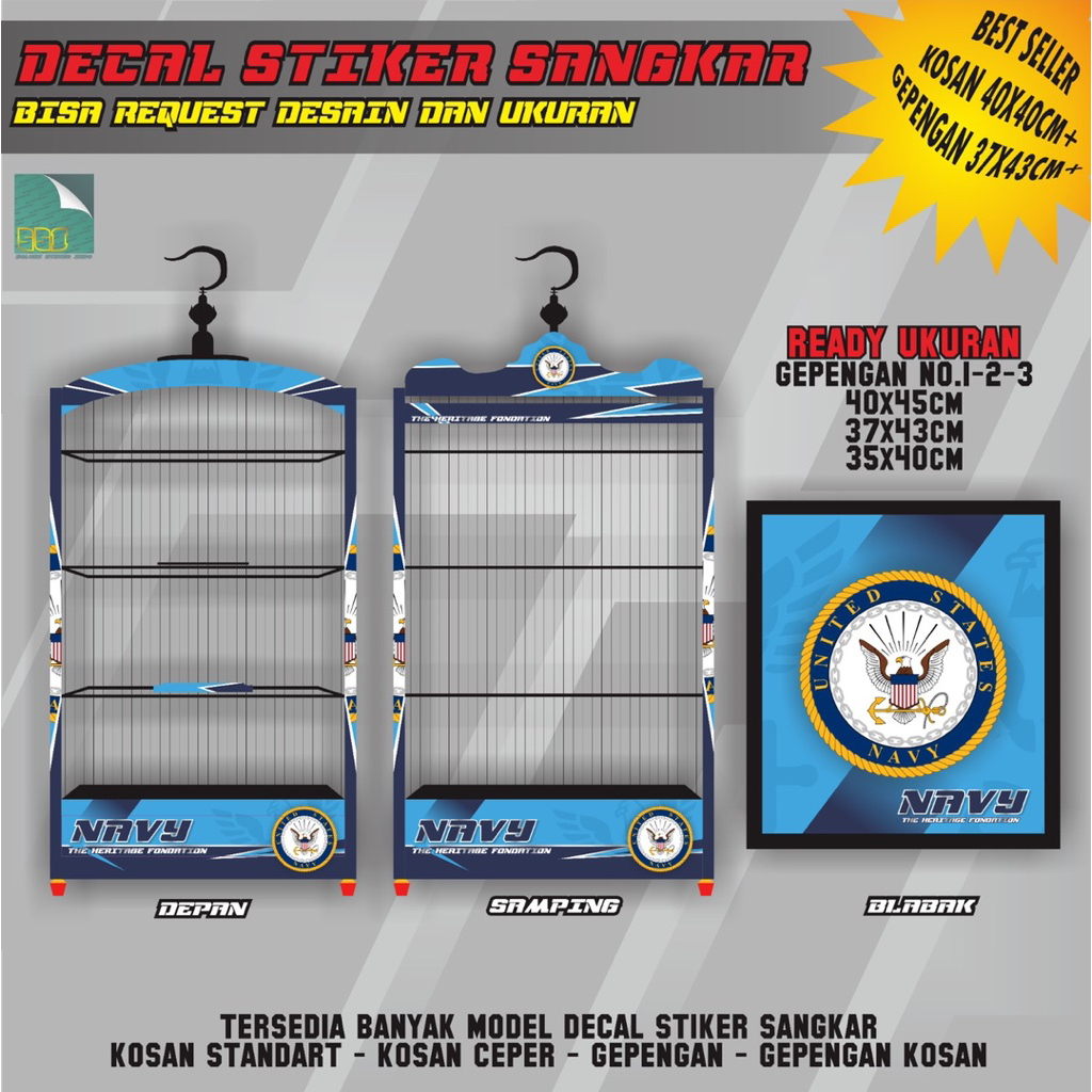 STIKER DECAL SANGKAR MOTIF NAVY U.S. GEPENGAN NO1,2,3 DAN KOSAN BP 40x40 STIKER SANGKAR KOTAK DECAL