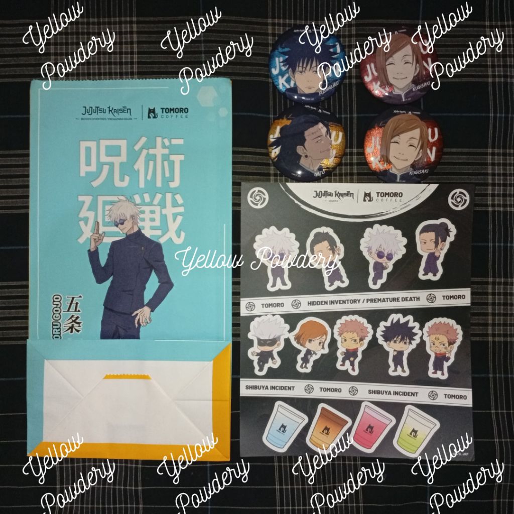 JUJUTSU KAISEN X TOMORO JJK COFFEE LIMITED EDITION PIN BADGE STICKER PAPER BAG SATORU GOJO GETO NOBA