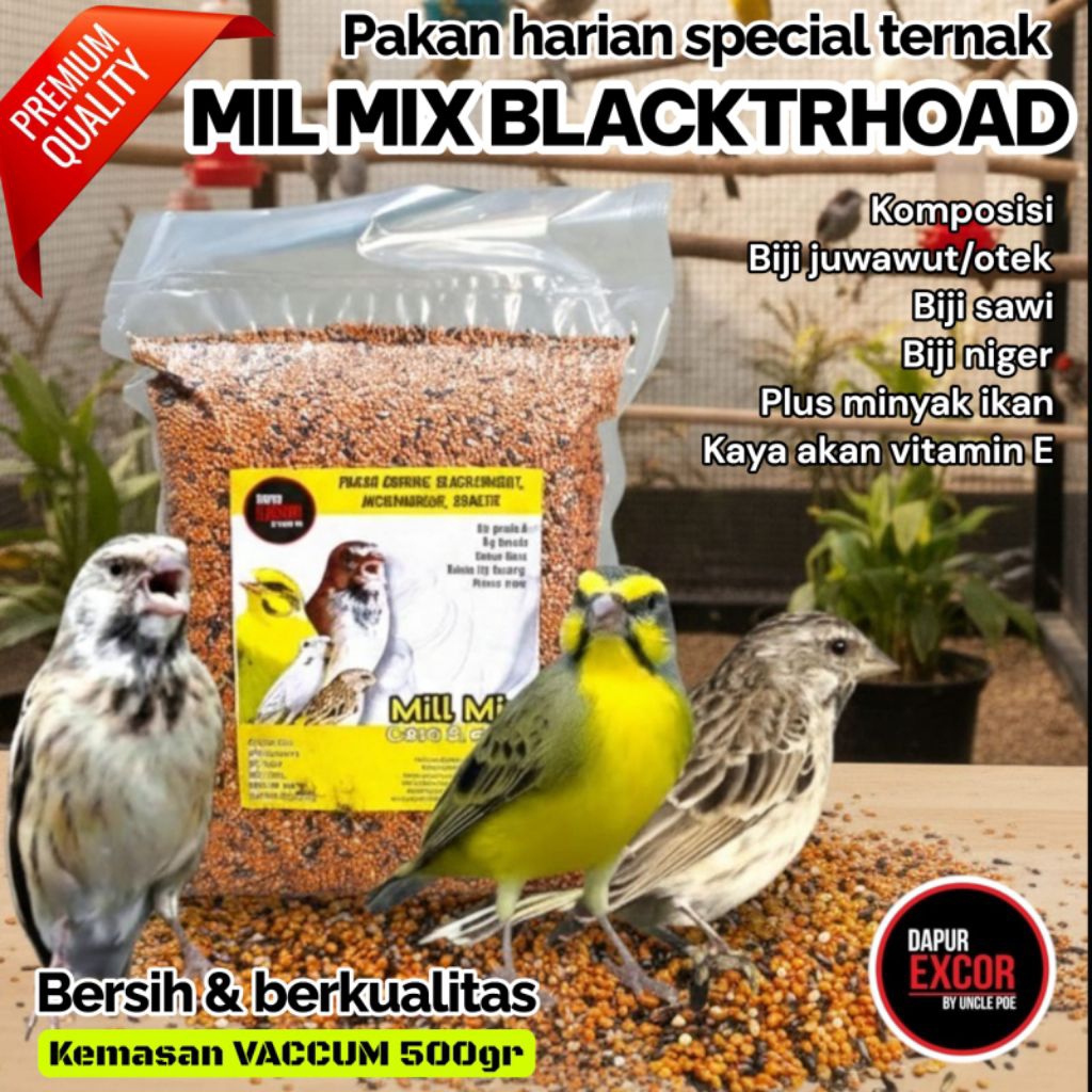 pakan burung blackthrut, sanger, mozambix formula pakan ternak mill mix blackthroat excor 500gr