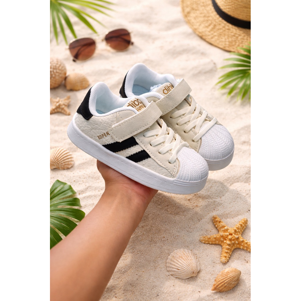 Sepatu Anak Casual Putih Hitam Premium | Sneakers Anak Velcro Import Kekinian